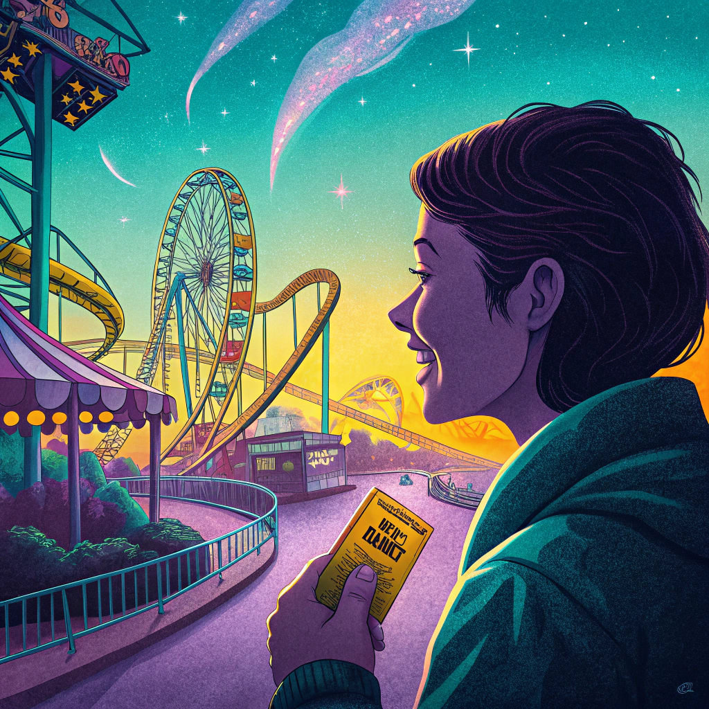 Illustration of a woman holding a ticket at an amusement park with colorful attractions and a twilight sky