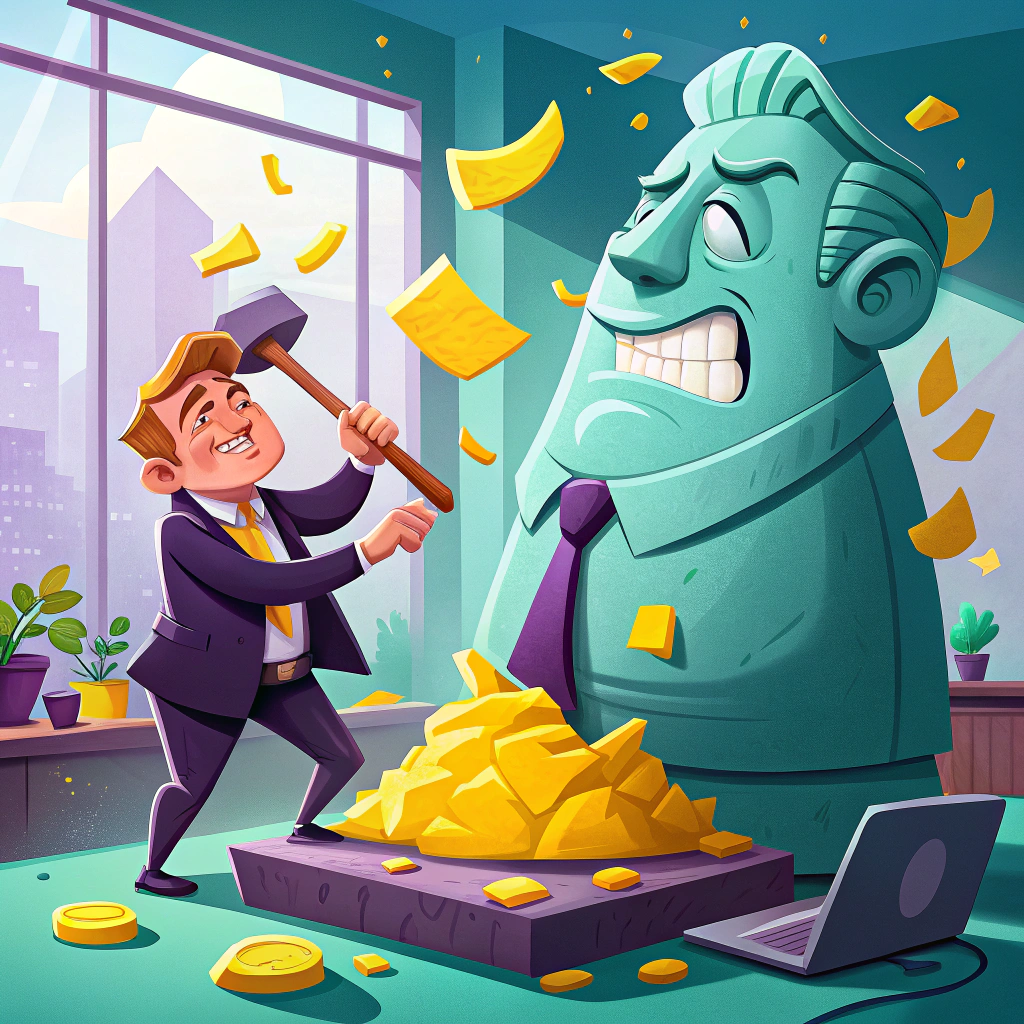 Cartoon illustration of a man chipping away at a large statue resembling a dollar sign, representing accumulated depreciation in asset management.