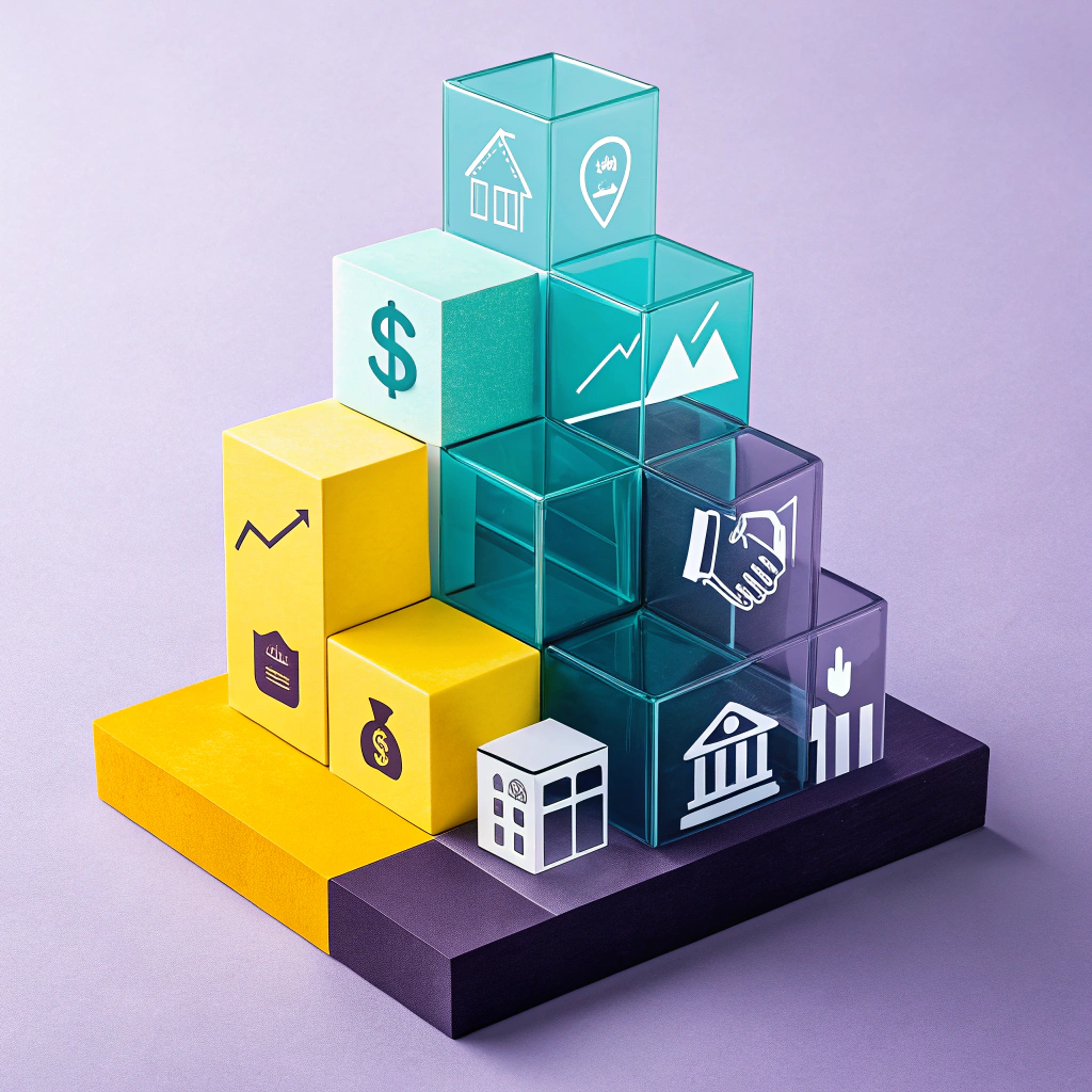 Colorful geometric blocks illustrating different aspects of asset management and depreciation accounting