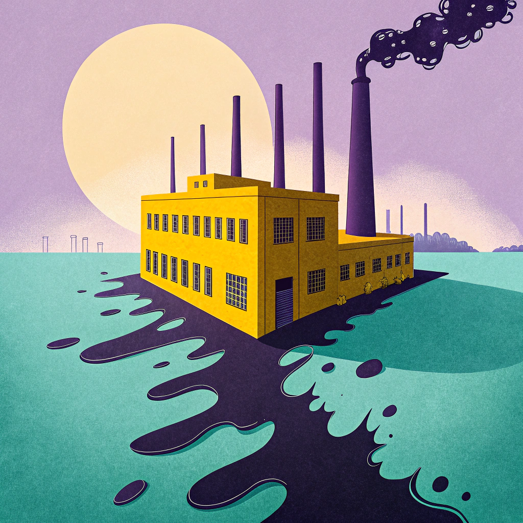 Illustration of a yellow factory building with smokestacks under a large sun, symbolizing depreciation and asset wear