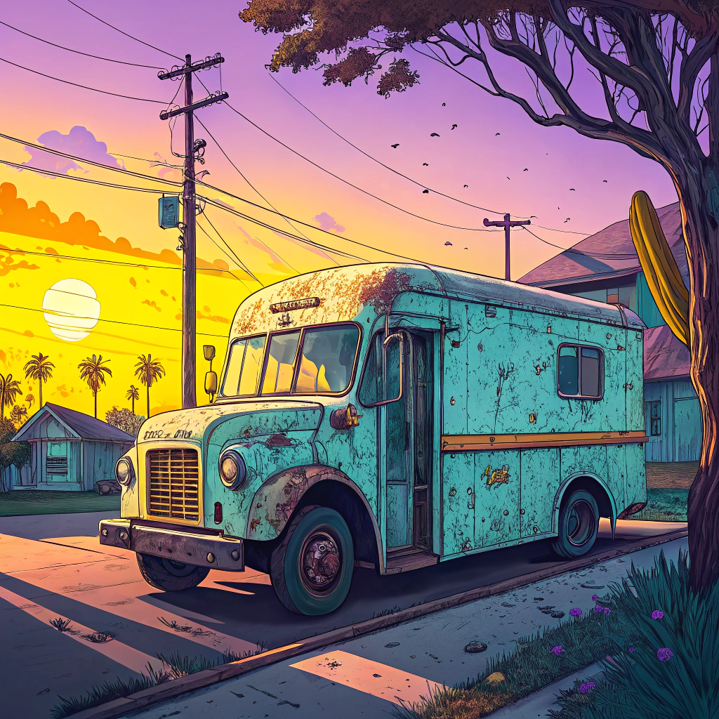 Vintage delivery van showing signs of wear at sunset in a suburban setting