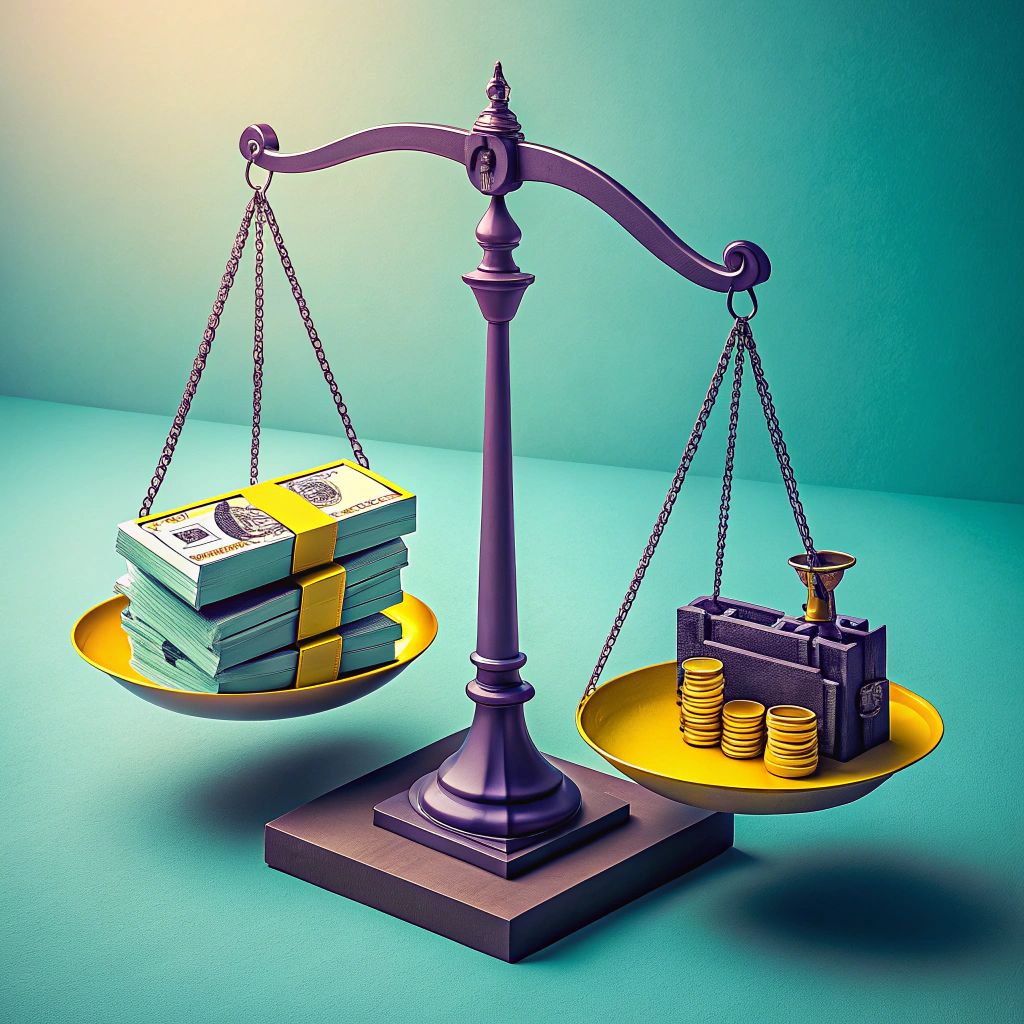 A conceptual image of a balance scale comparing stacks of money and coins with an industrial machine, symbolizing asset valuation.