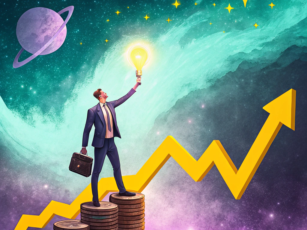 Businessman holding a lightbulb while standing on stacked coins against a cosmic background with a rising graph