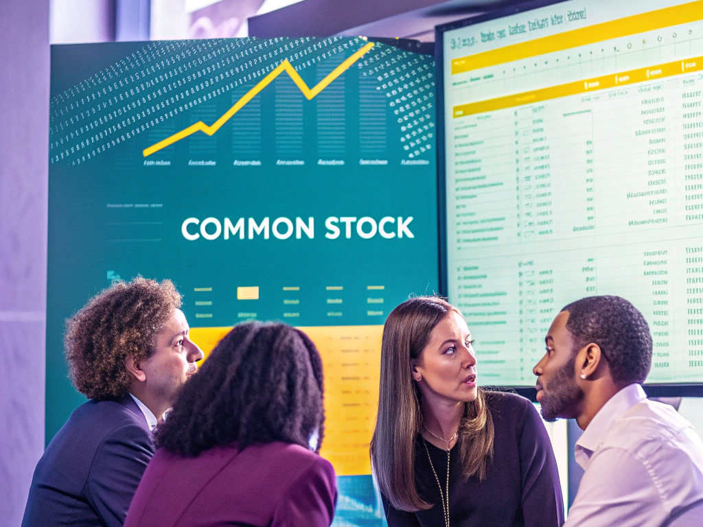 A group of professionals discussing common stock information displayed on a digital screen