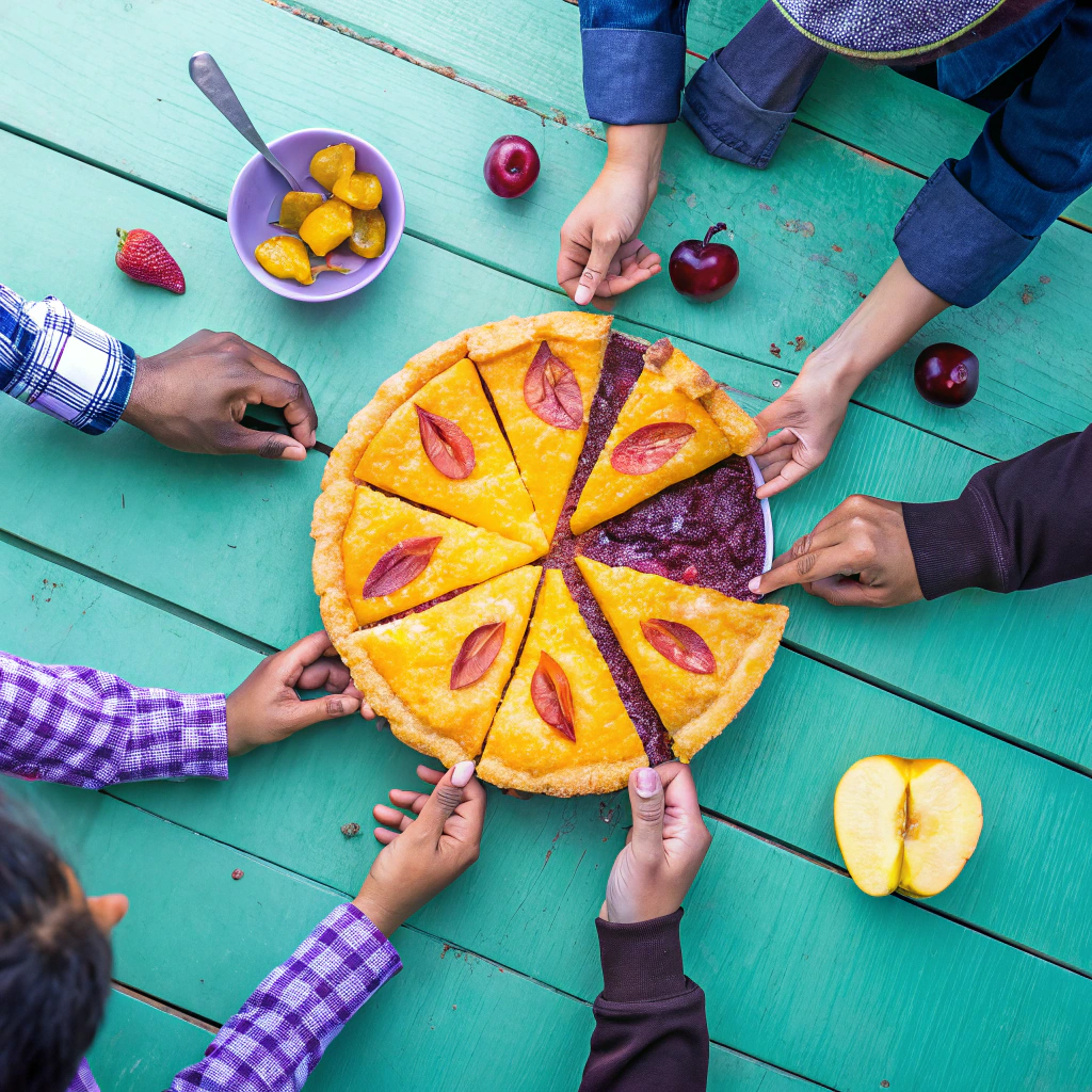 Diverse hands of people sharing a large pie, symbolizing company ownership division in common stock