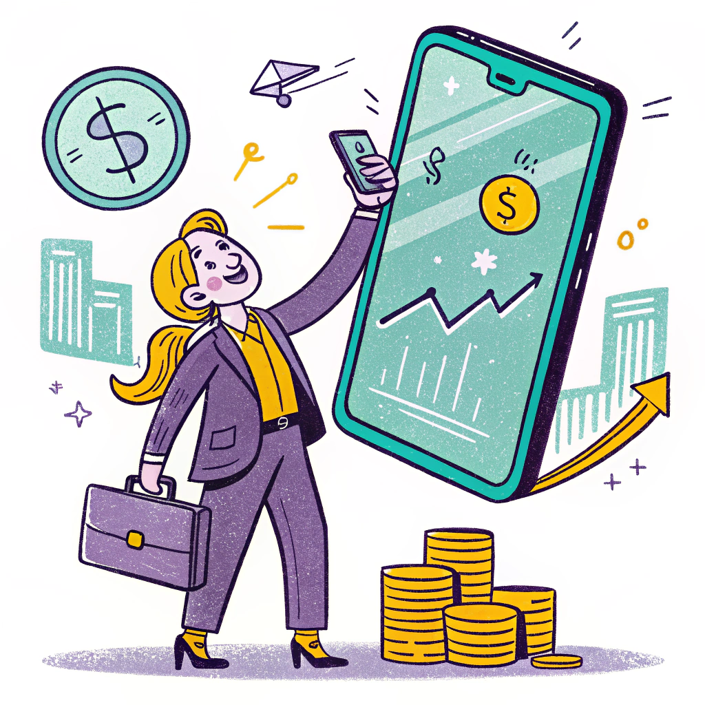 Illustration of a businesswoman interacting with a giant smartphone displaying financial graphs and coins