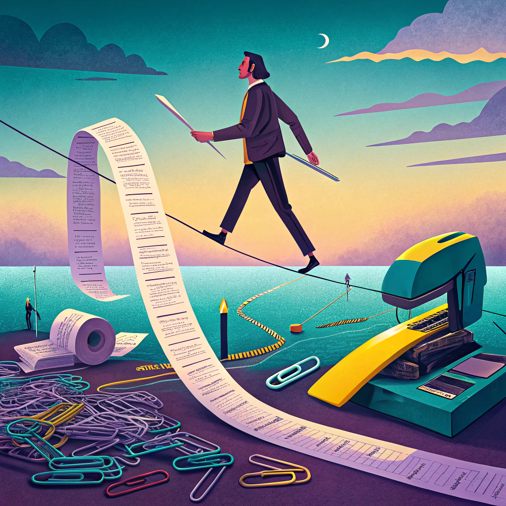 A stylized illustration of a man walking a tightrope made of a lengthy paper roll, surrounded by office supplies and business documents