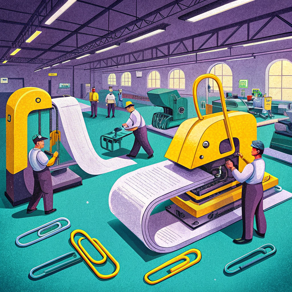 Illustration of workers in a factory producing oversized paper clips and supplies