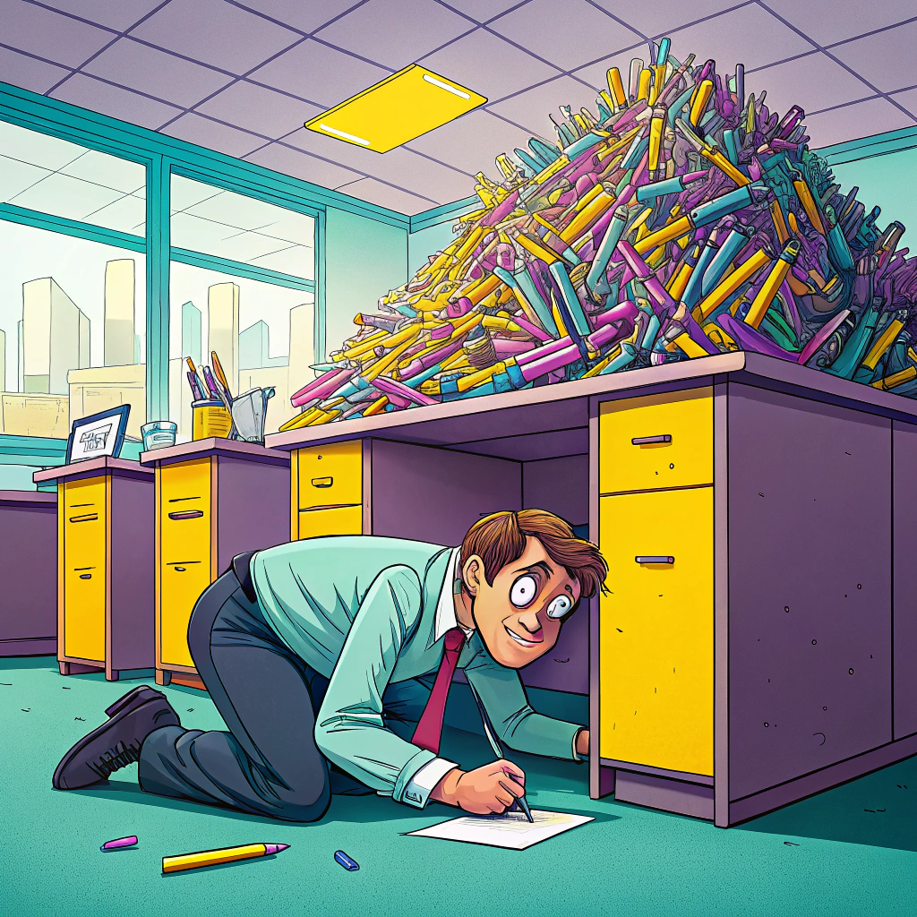 Cartoon illustration of a businessman overwhelmed by a massive pile of colorful office supplies