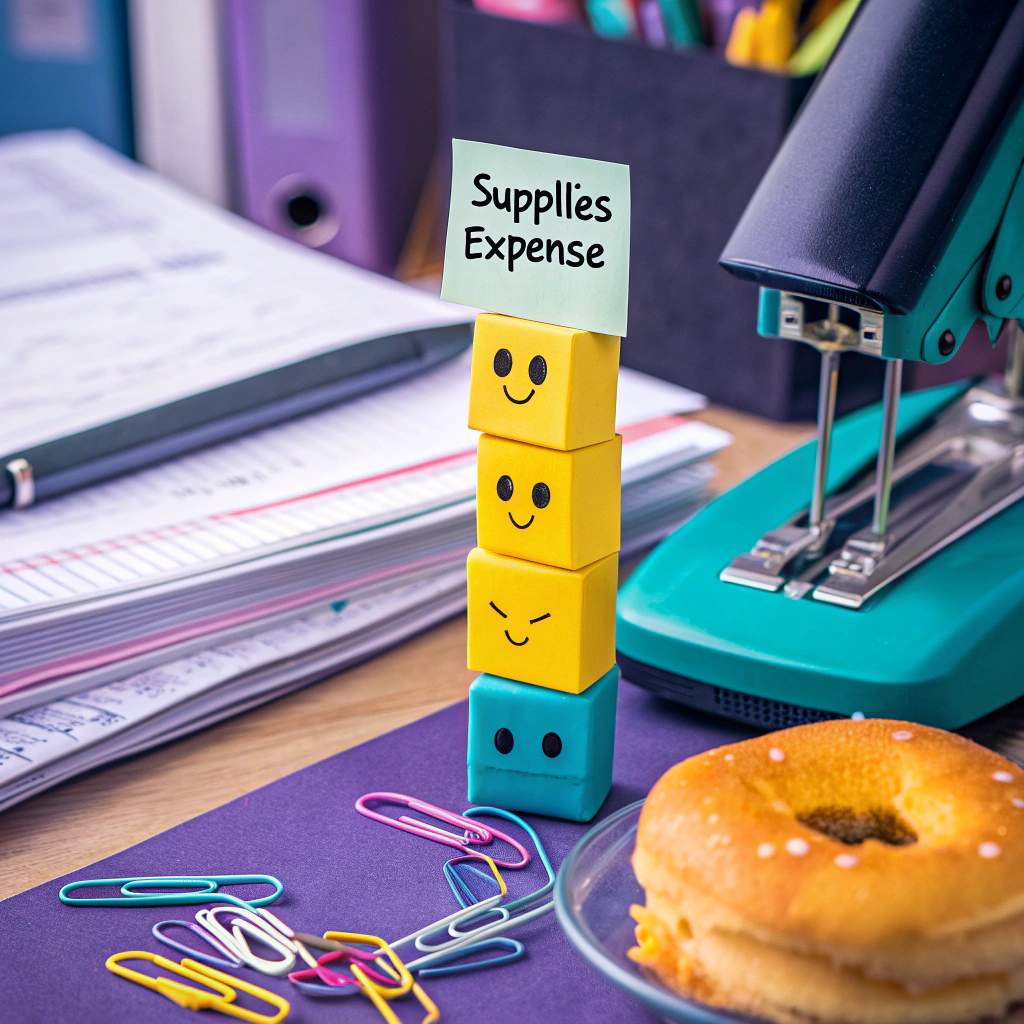 Colorful office supplies arranged with sticky notes labeled 'Supplies Expense' on a vibrant desk setting