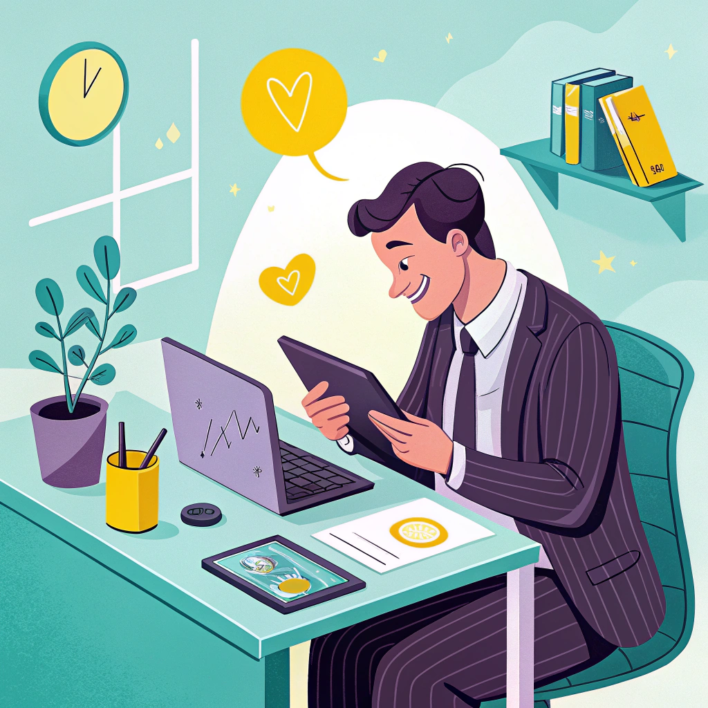 Illustration of a content businessman working on SEO and analytics at his organized desk