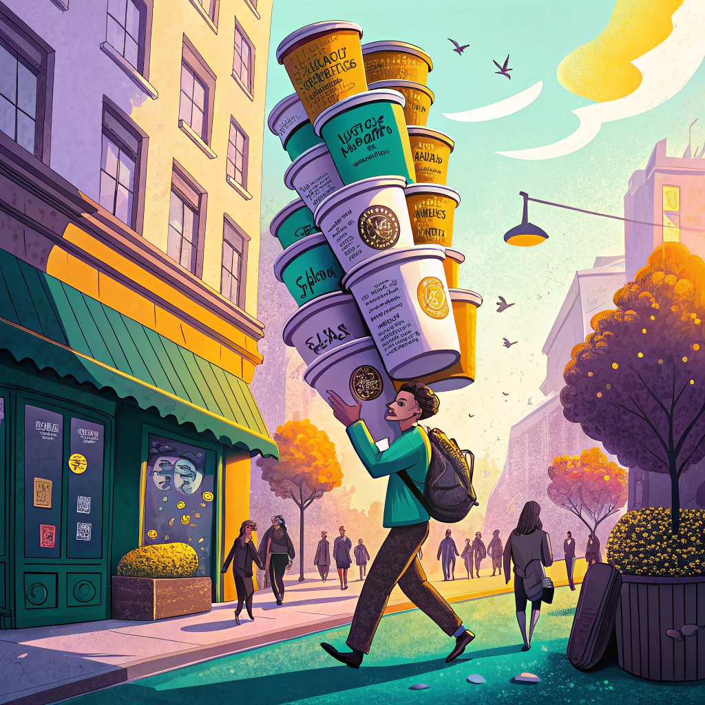 Illustration of a woman balancing a towering stack of coffee cups while walking down a city street