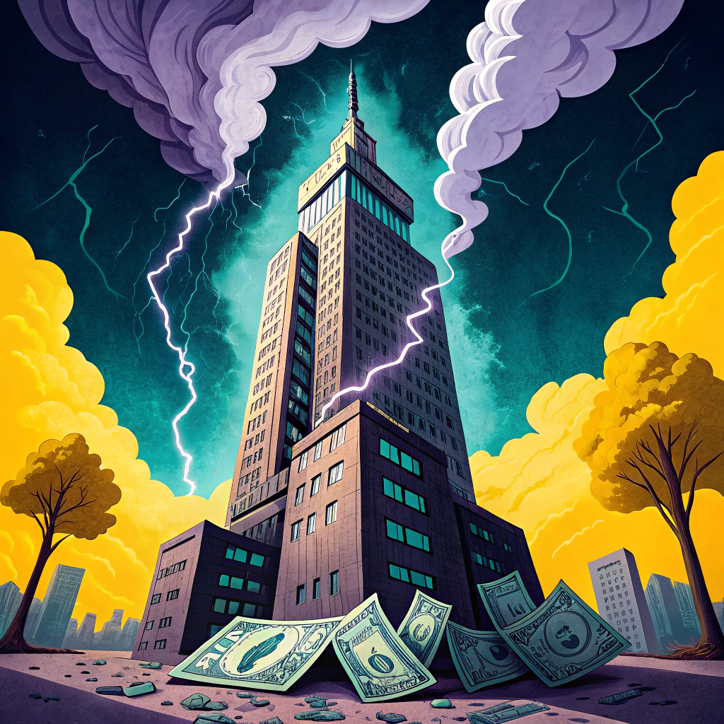 Illustration of towering urban building amidst stormy weather with money falling, symbolizing financial leverage risks