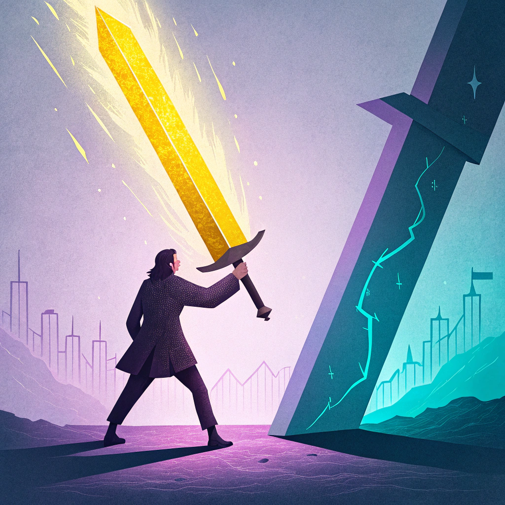 Illustration of a businessman wielding a giant golden sword breaking through a large dark wall, symbolizing overcoming financial leverage challenges with power and strategy