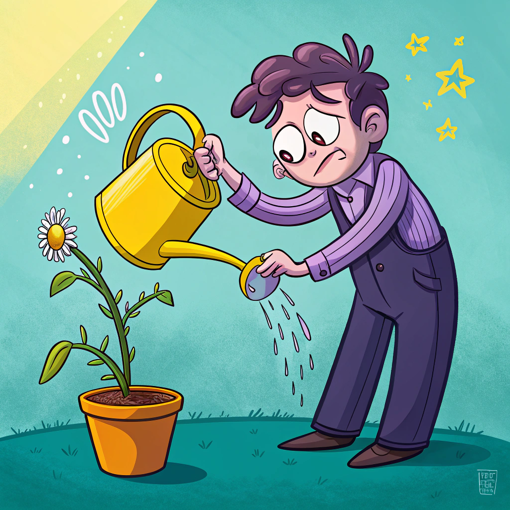 Cartoon of a man watering a small potted plant, illustrating investment and growth concept with a careful approach