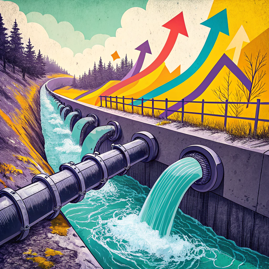 Illustration of colorful growth arrows emerging from water pipes over a river, symbolizing financial leverage and economic dynamics.