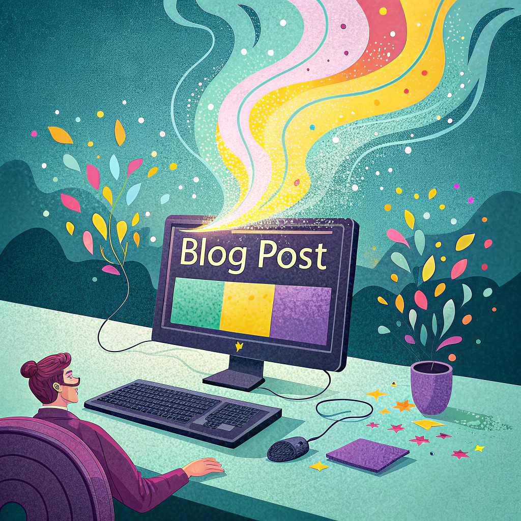 Illustration of a person creating a vibrant and colorful blog post on a desktop computer