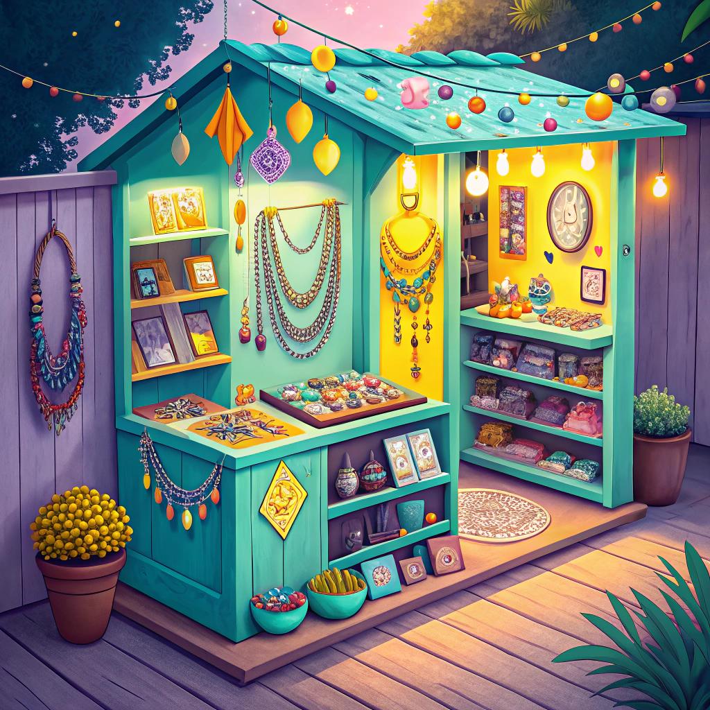 A vibrant and ornate market stall displaying a variety of colorful jewelry and decorative items under festive lights