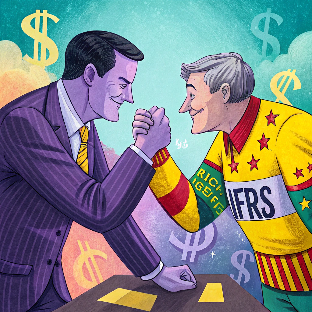 Illustration of an arm wrestling match between a man representing GAAP in a suit and a man representing IFRS in a colorful jersey