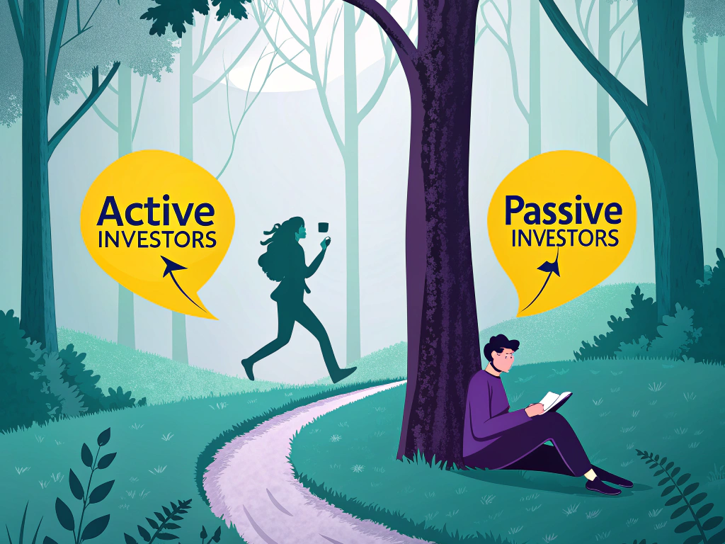 Illustration of two types of investors in a forest: an active investor running and a passive investor reading