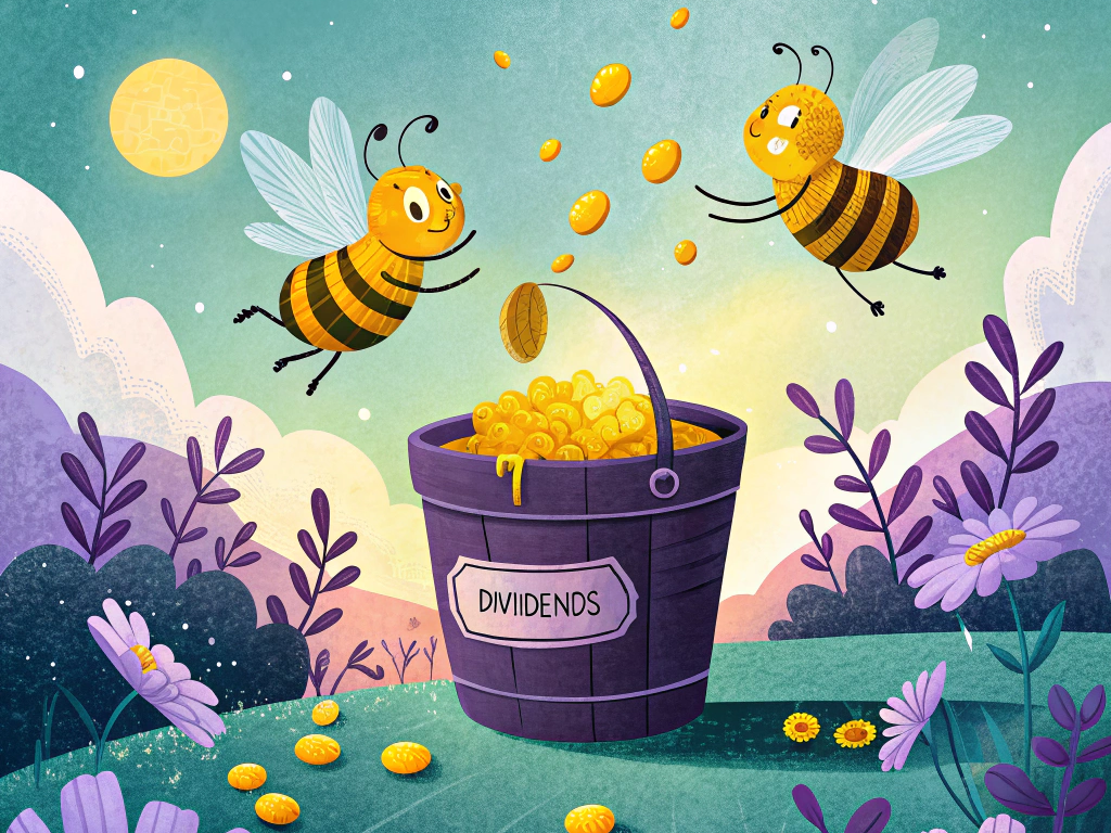 Illustration of bees collecting dividends labelled coins into a bucket in a vibrant floral landscape