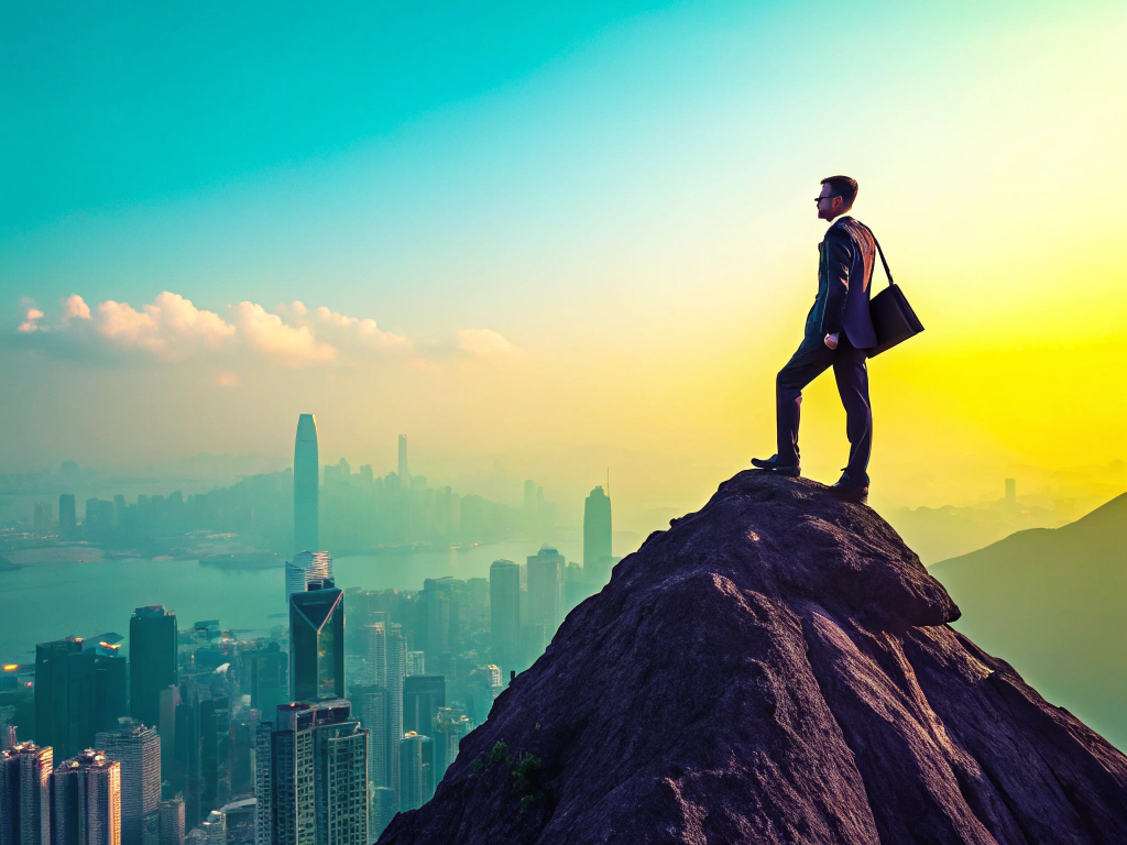 Businessman standing on a mountaintop overlooking a cityscape at sunrise