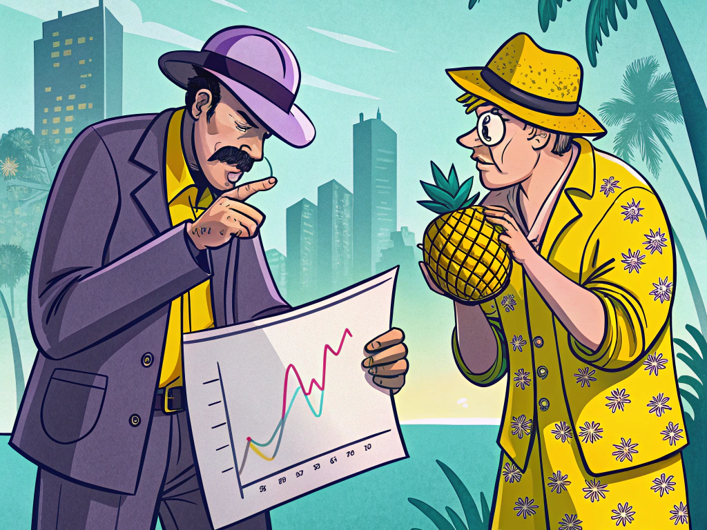 Two cartoon characters analyzing a stock graph, against a cityscape and tropical background