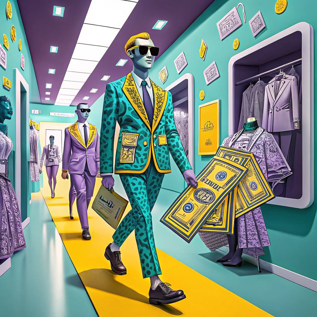Stylized image of businessmen in suits carrying large money bills in a fashion store