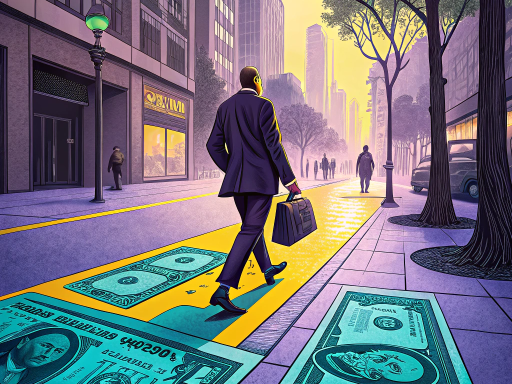 Illustration of a businessman walking on a street where the pathway is made of large dollar bills, symbolizing investment and finance