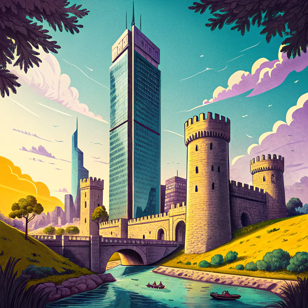 Illustration of a modern skyscraper surrounded by medieval castles and a stone bridge over a river, symbolizing the blend of old and new business strategies in share buybacks