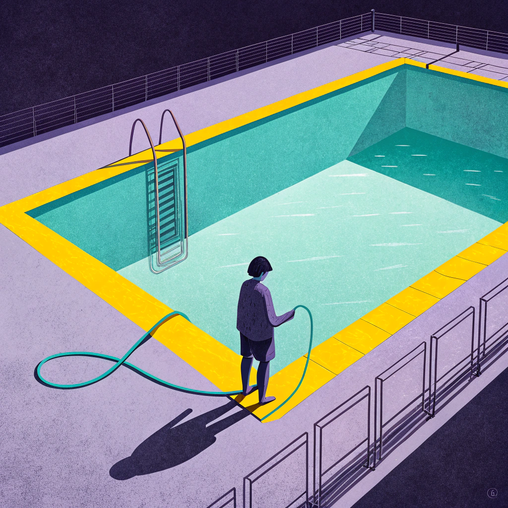 Illustration of a person with a hose standing by an empty pool, representing share buyback strategies in corporate finance