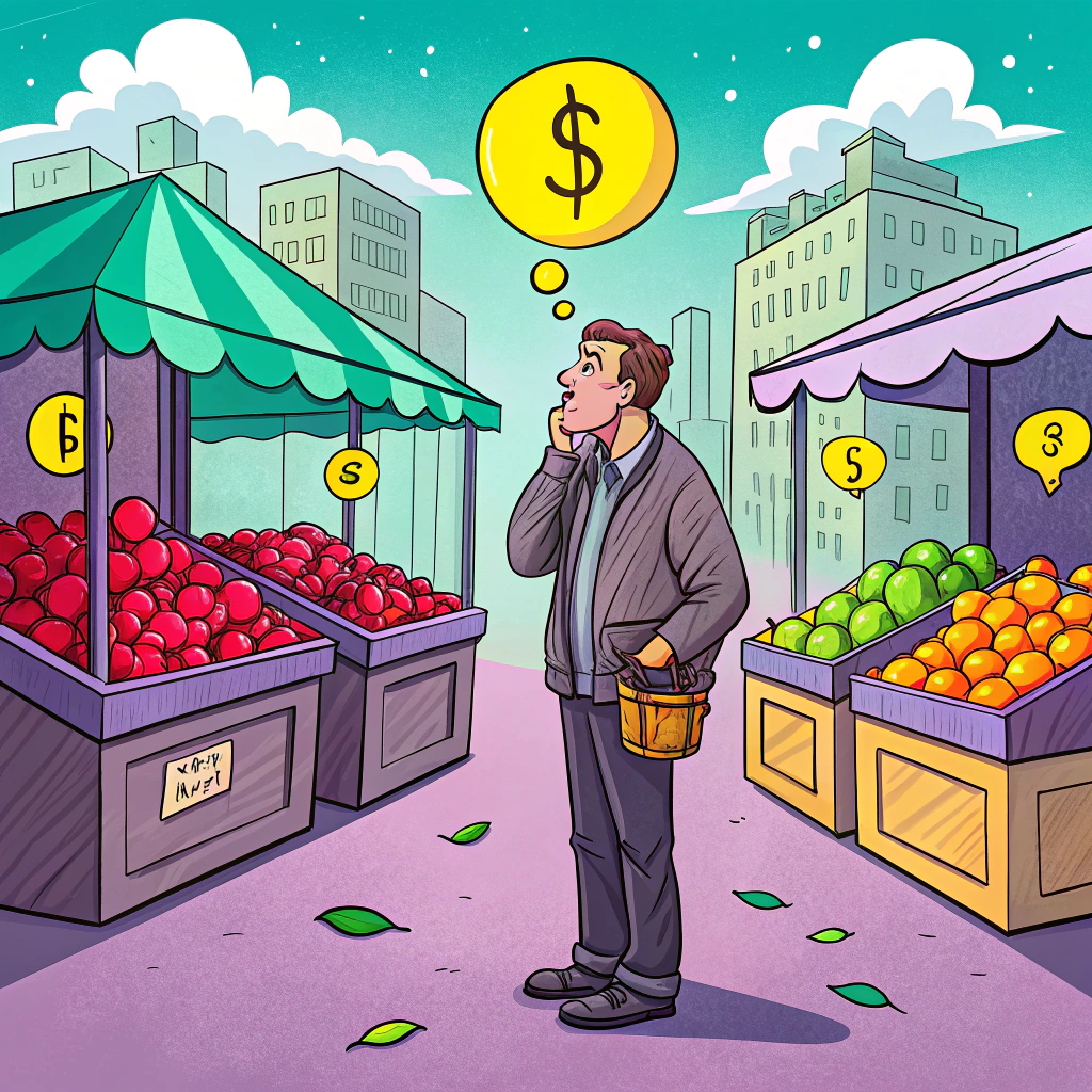 Illustration of a man comparing prices at fruit stalls with a giant dollar sign above his head, symbolizing market efficiency