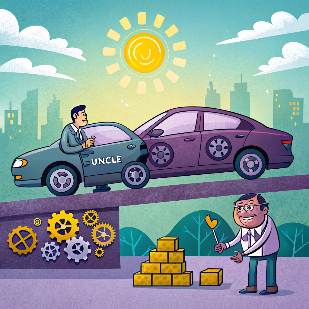 Illustration depicting a businessman with a car labeled UNCLE and a man building a stack of gold blocks with gears in the background, symbolizing market efficiency concepts