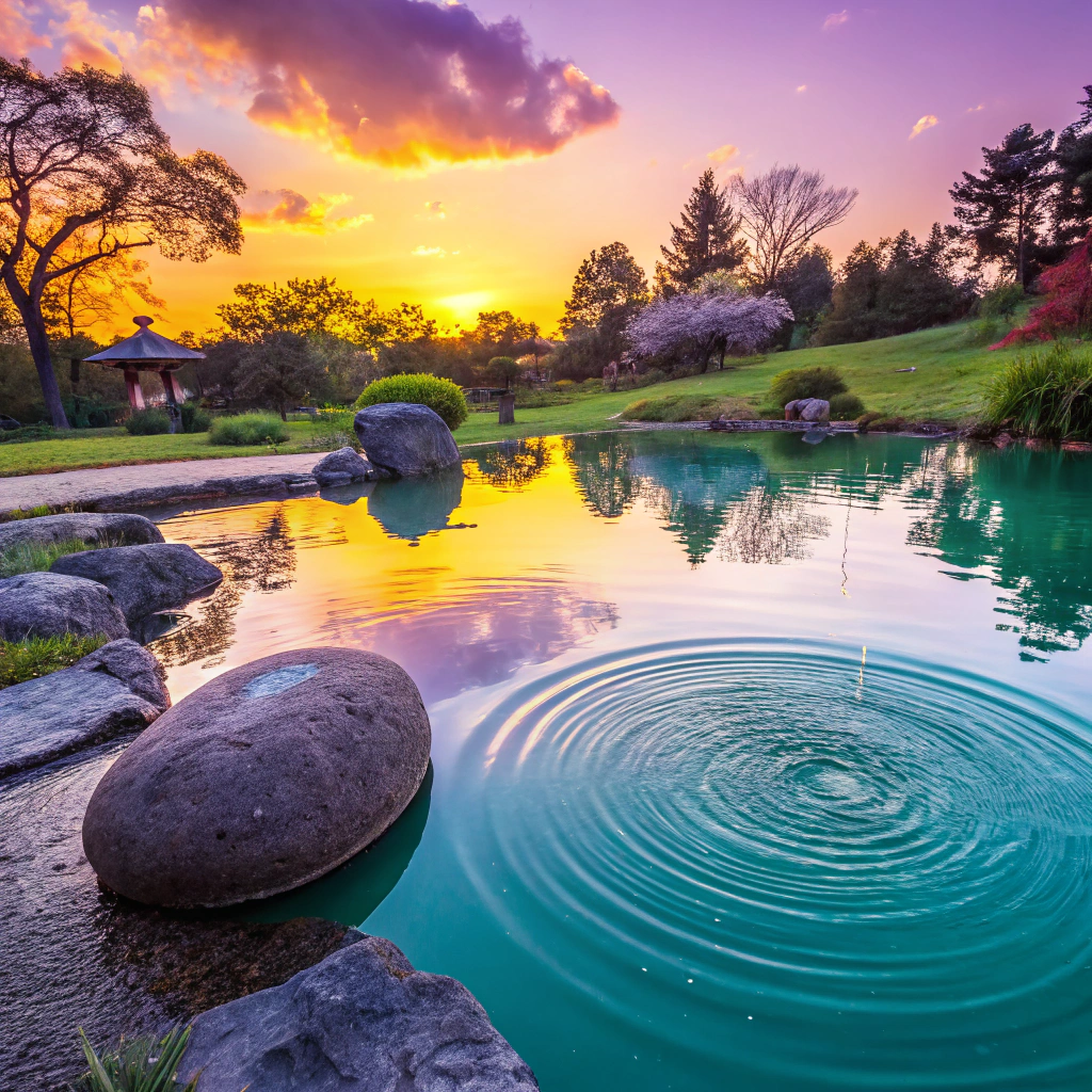 Serene garden with a reflection pond at sunset, symbolizing market equilibrium and efficient information flow