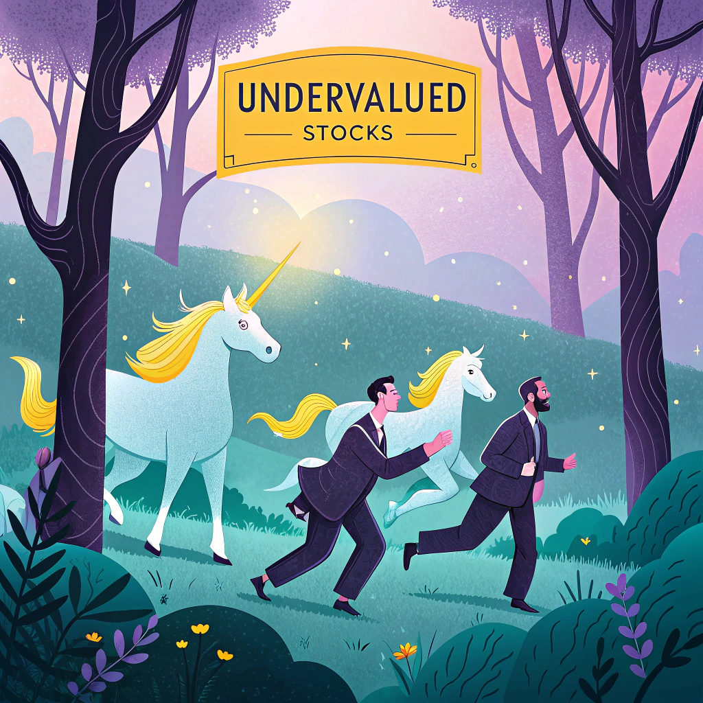 Illustration of two businessmen chasing a unicorn in a whimsical forest, symbolizing the pursuit of undervalued stocks