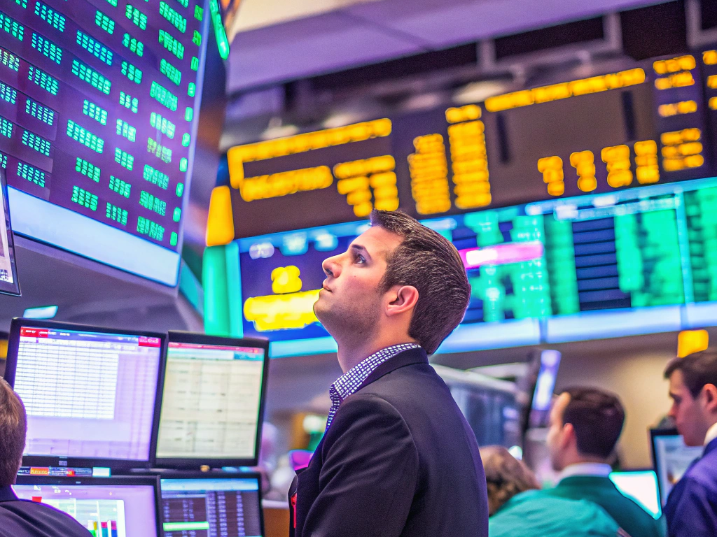 A professional man analyzing financial data on multiple screens in a busy stock exchange environment