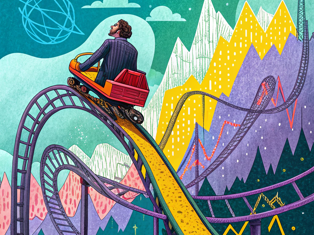 Illustration of a person riding a roller coaster through a colorful mountainous landscape, symbolizing the ups and downs of financial markets