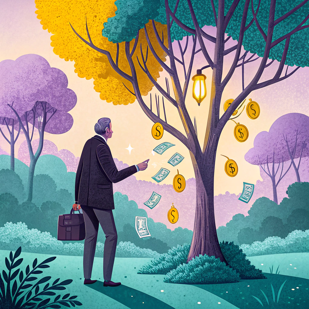 Illustration of a man in a business suit using a smartphone under a money tree with hanging dollars and coins in a forest