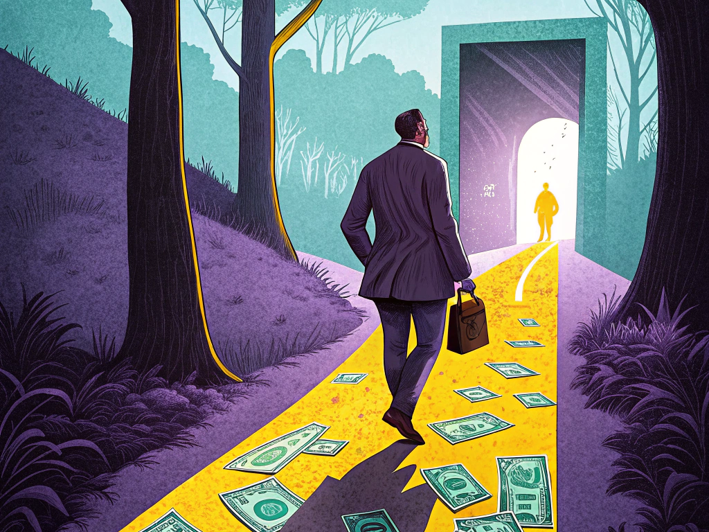 Illustration of a businessman walking on a money trail leading to a bright doorway symbolizing financial success