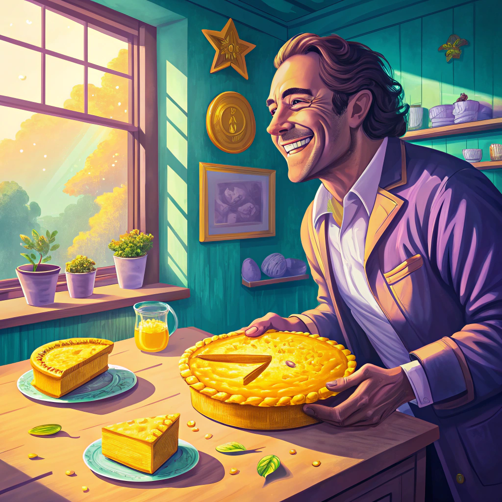 Happy businessman presenting a freshly baked pie in a vibrant kitchen setting, symbolizing dividend distribution