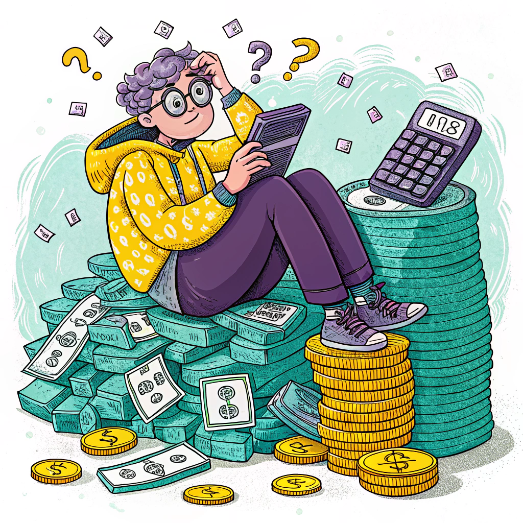 Illustration of a person sitting on stacks of money while calculating finances with a puzzled expression