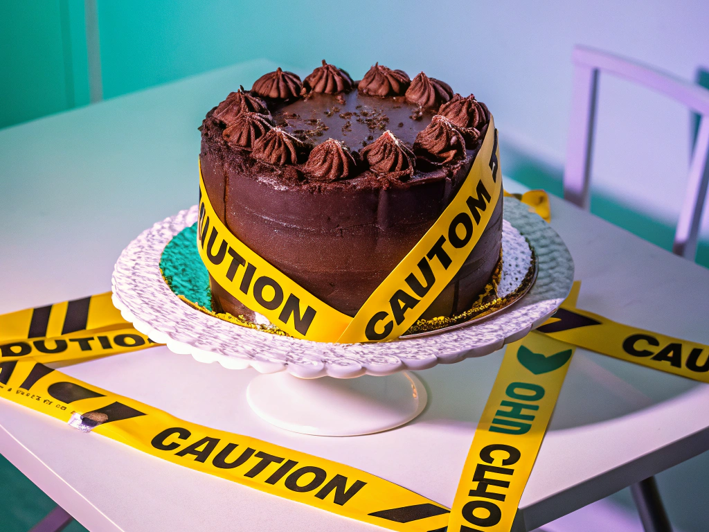 Chocolate cake surrounded by caution tape symbolizing the cautious approach needed in high dividend yield investments