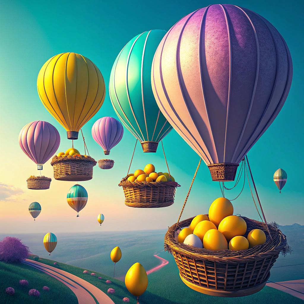 Colorful hot air balloons carrying baskets full of golden eggs over a scenic landscape