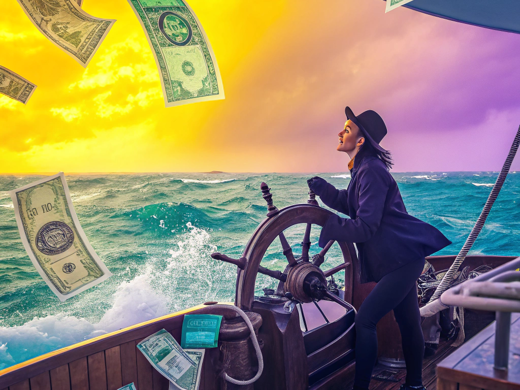 Woman steering a ship in stormy seas with money floating in the air