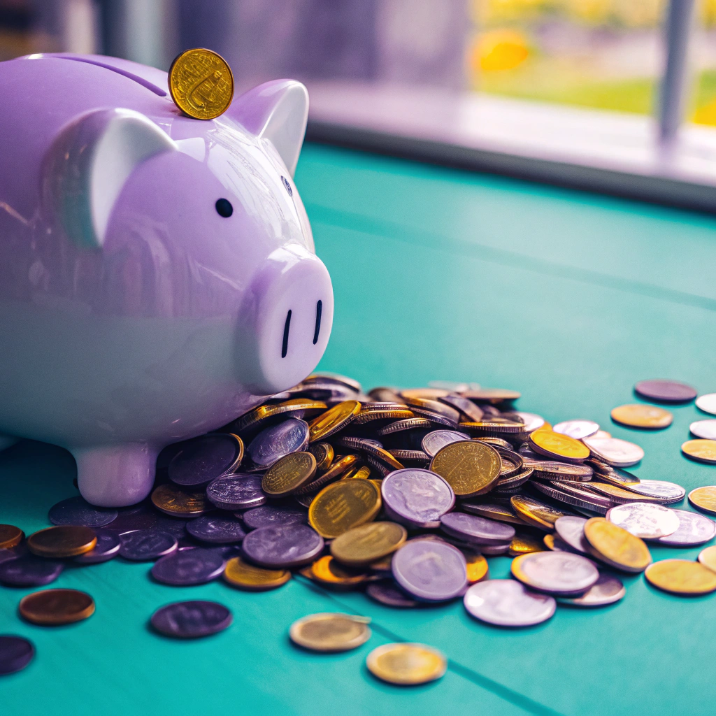 Purple piggy bank on a pile of coins symbolizing smart financial management