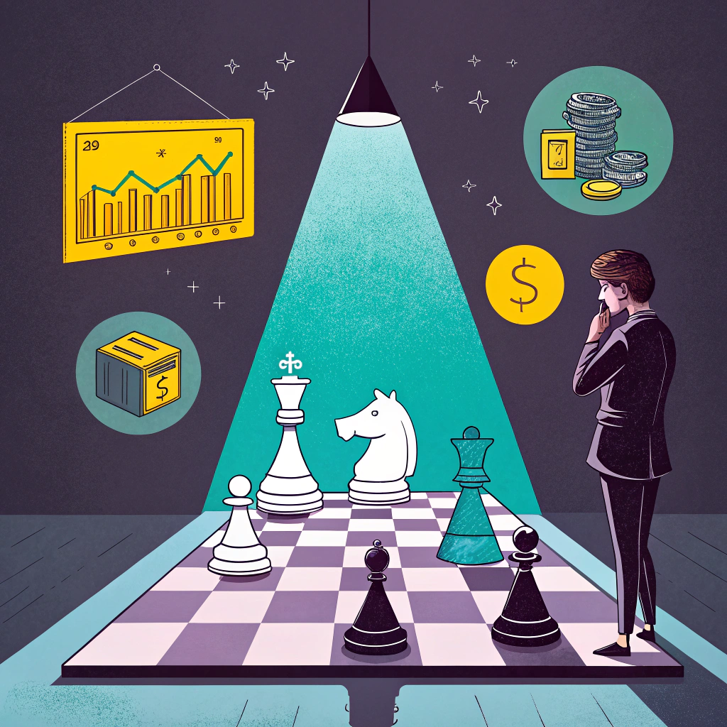 A business professional contemplating financial strategies on a chessboard under a spotlight with financial icons