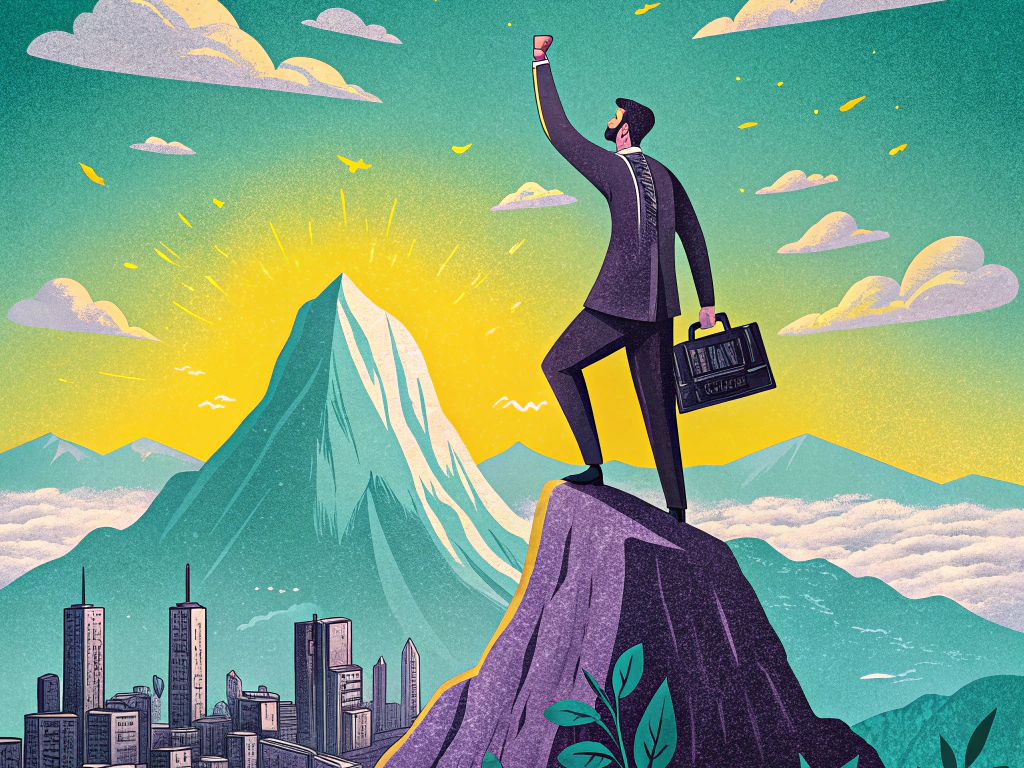 Illustration of a businessman achieving success on top of a mountain overlooking a cityscape