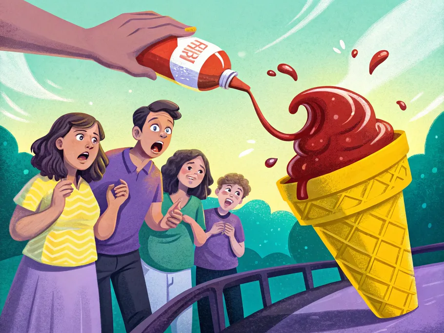 Illustration of a giant hand pouring ketchup on an oversized ice cream cone watched by a surprised family