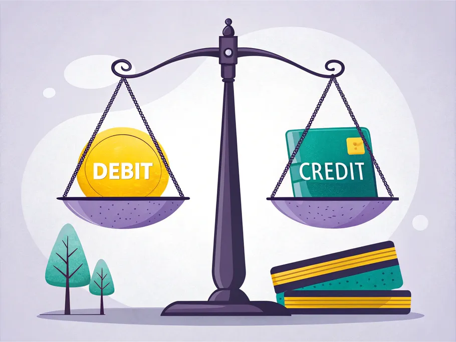 Illustration of a scale balancing a golden 'DEBIT' coin and a green 'CREDIT' wallet, symbolizing accounting principles