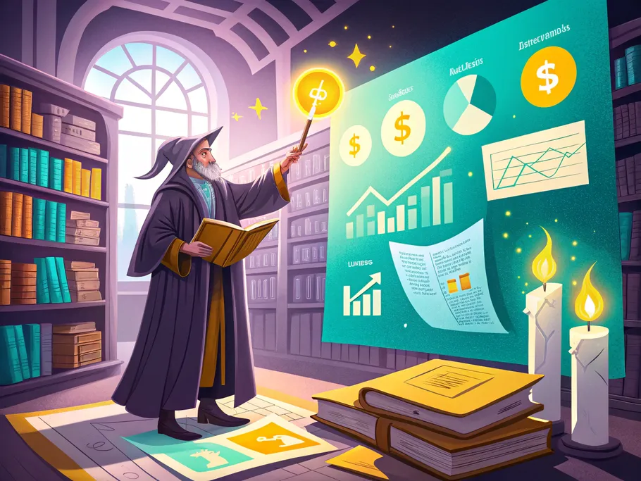 Illustration of a wizard in a library illuminating accounting charts and graphs with a magical wand